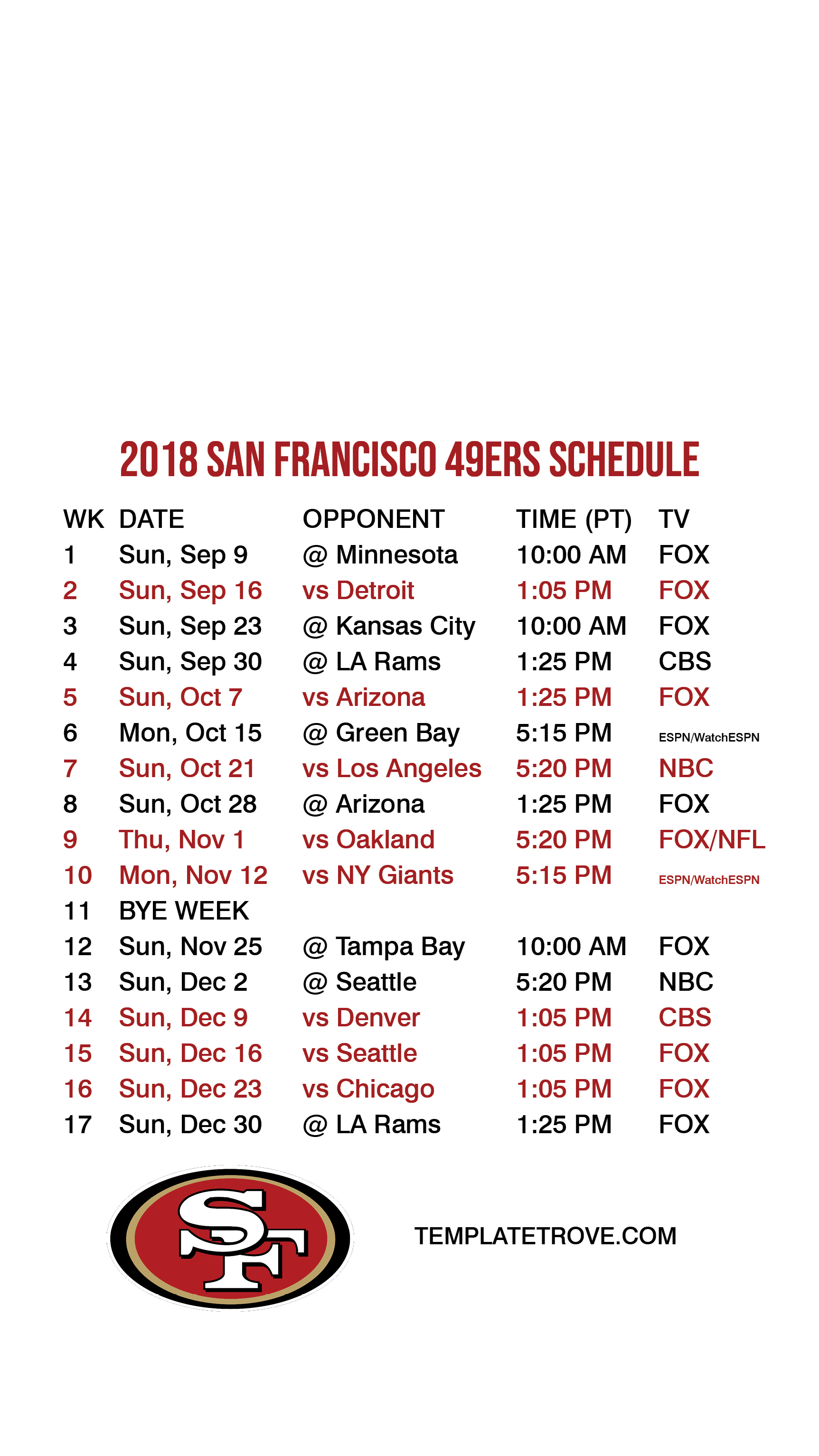 49ers 2018 schedule
